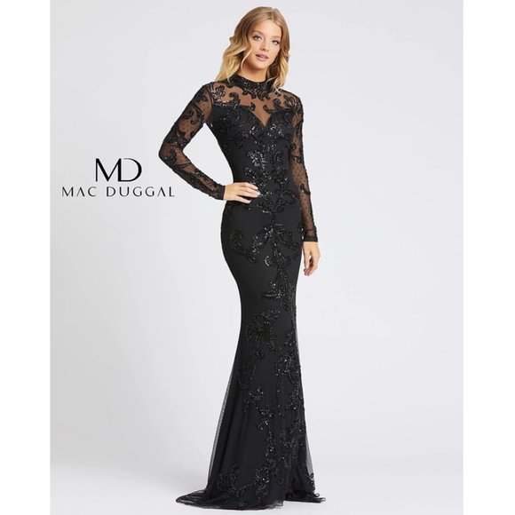 Mac Duggal Dresses & Skirts - MAC DUGGAL Illusion Long Sleeve Damask Gown in Black Size US 12